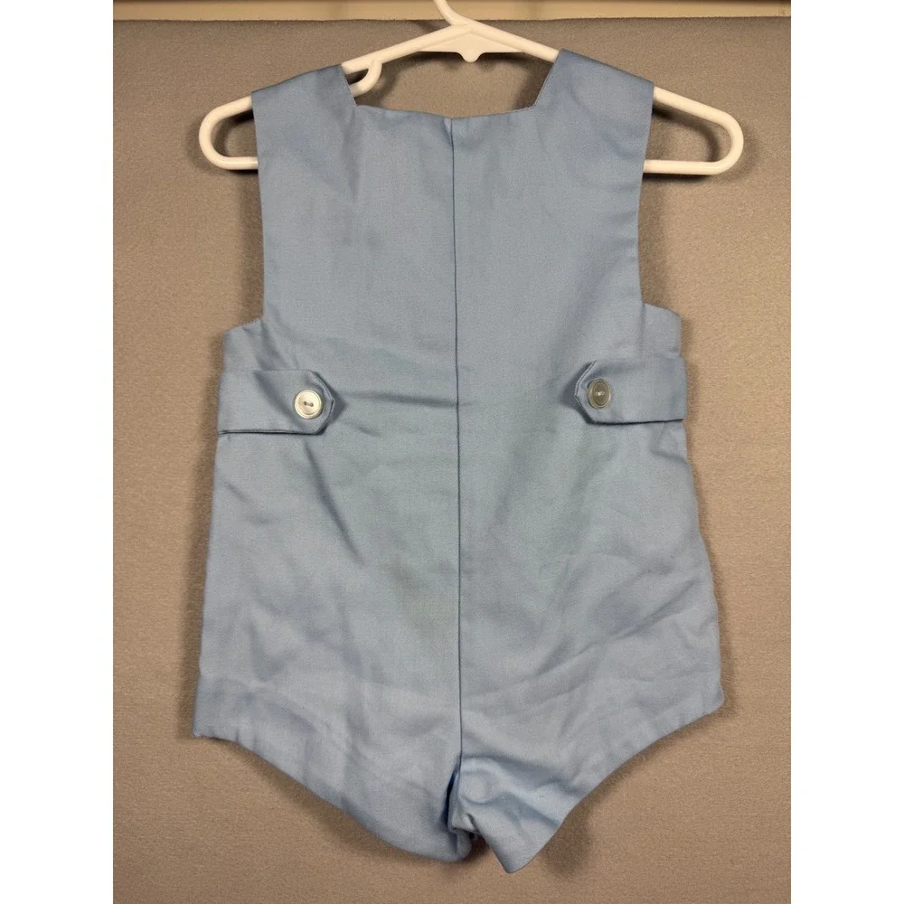 Vintage Baby Boy Blue Gingham Shirt and Fishing Bear Embroidered Romper Set 12M